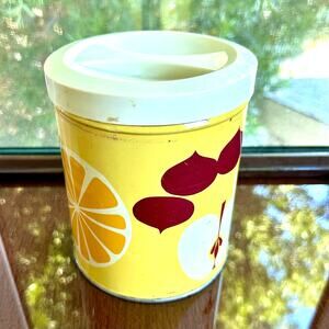 Vintage Procter & Gamble Atomic Fruit Print Canister Tin with Lid, 60s/70s